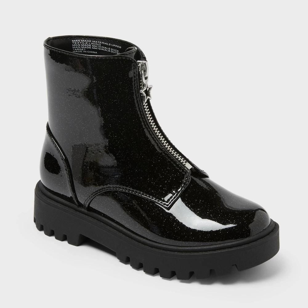 4Y Art Class Girls Myra Chelsea Boots Black Glitter Faux Patent Star Zip